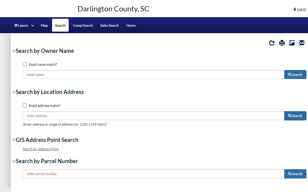 A screenshot of the Property Search tool provided by Darlington County Assessor's Office, where one can conduct research by providing the owner's name, location address, DIS address point search, or parcel number.