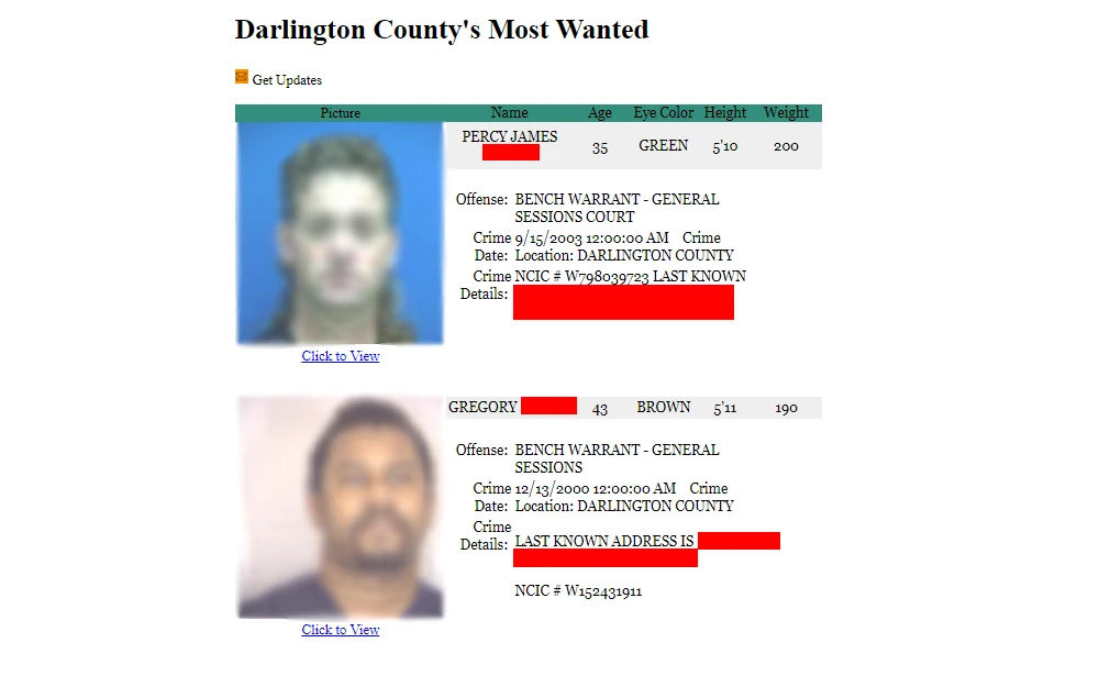 A screenshot of Darlington County's Most Wanted providing wanted peoples' mugshot, full name, age, eye color, height, weight, offense, crime, date, address, and a link that leads to more information about the wanted person.