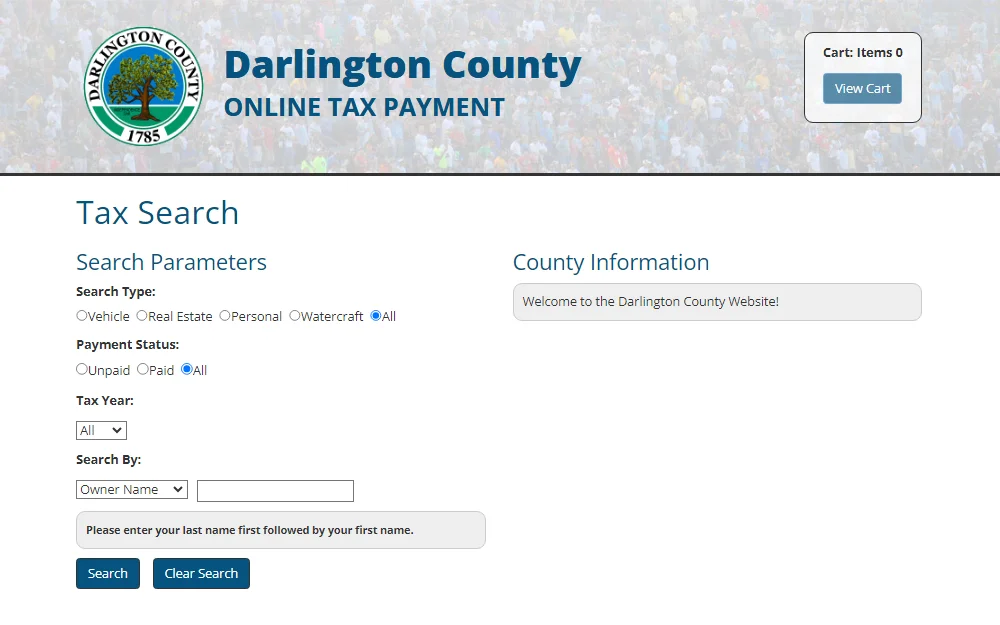 A screenshot of the Tax Search tool of the Darlington County Treasurer, where a person can run a search by providing the type of search one wants to do, payment status, tax year, and owner's name.