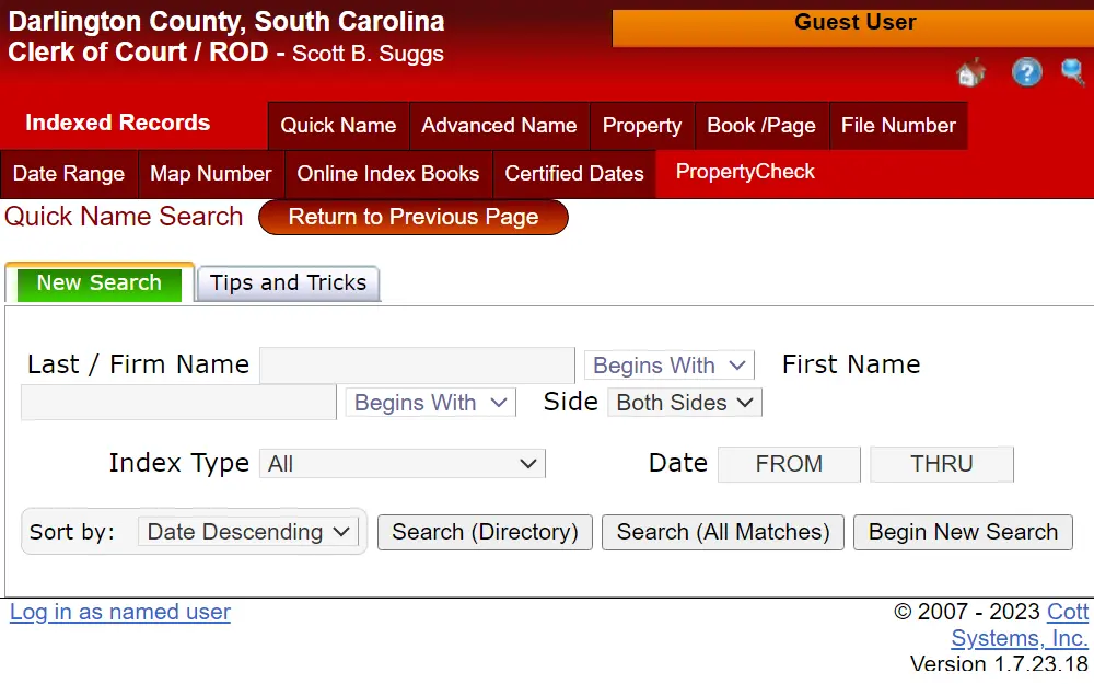 A screenshot of the PropertyCheck tool of the Darlington County, South Carolina Clerk of Court, where an individual can do a quick name search to find a record of a specific property with the following search criteria: last name, first name, index type, and date from and thru.