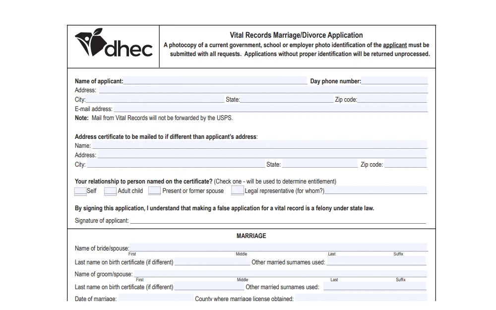A screenshot of the Vital Records Marriage/Divorce Application that must be completed and submitted together with other documents to the Department of Health and Environmental Control Vital Records Division when requesting either a marriage or divorce certificate through mail.
