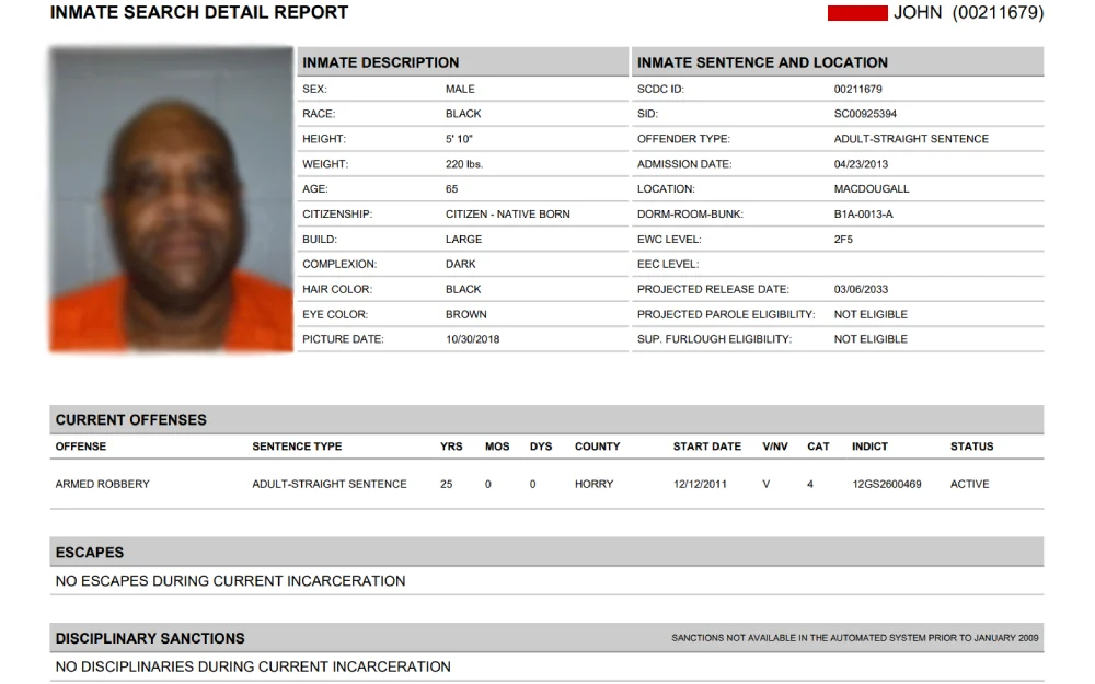 A screenshot from the South Carolina Department of Corrections featuring a photo of the individual and providing information about physical characteristics, sentencing, location details, and a record of current offenses with no prior escapes or disciplinary sanctions noted.