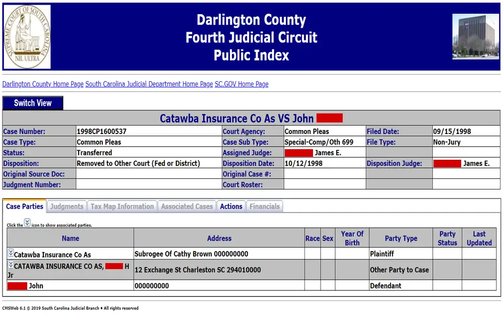 A screenshot from the Fourth Judicial Circuit Court displaying the index of a civil court case, including the case number, type, status, parties involved, filing and disposition dates, as well as the assigned judge's name, with links to case parties, judgments, and other related information.