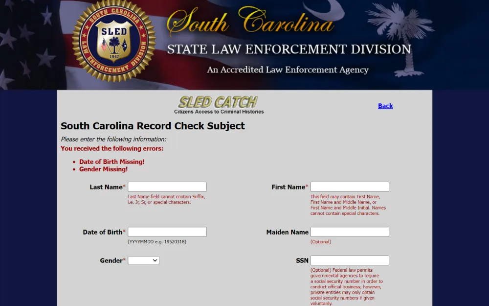 A screenshot from the South Carolina State Law Enforcement Division for conducting a background check shows empty fields for last name, first name, date of birth, and gender.